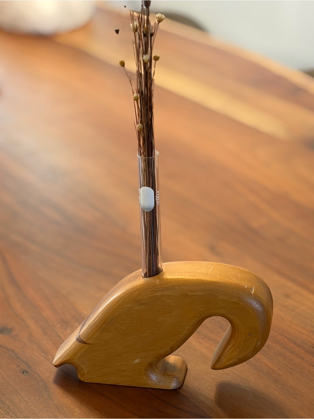 Wooden Bird Duck Bud Vase in Honey Brown and Clear Glass